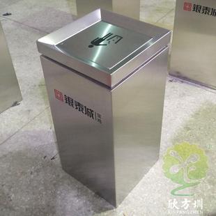 室内商用带盖有盖方形不锈钢垃圾桶小区写字楼金属本色果皮箱单筒