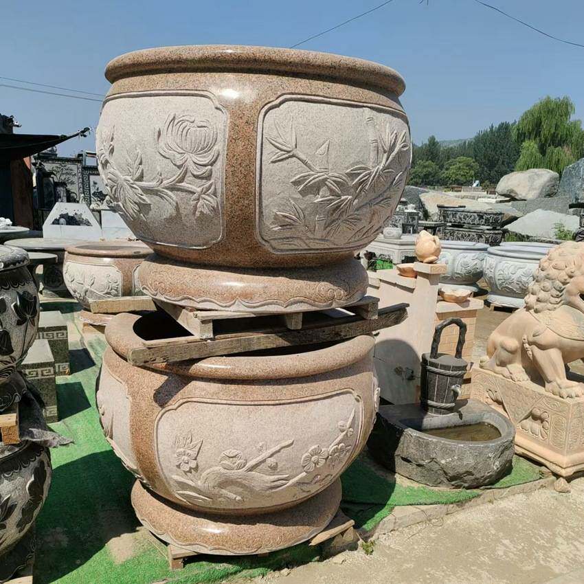 花岗岩庭院门海大缸石头梅兰竹菊四面雕花荷花鱼缸门口摆件
