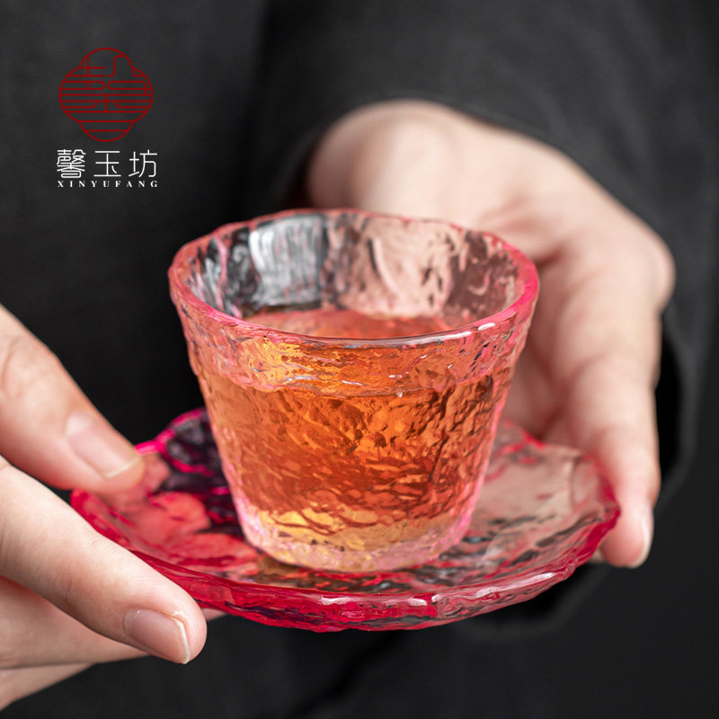 馨玉坊泡茶玻璃茶杯装杯垫单杯女士粉色品茗杯功夫茶具