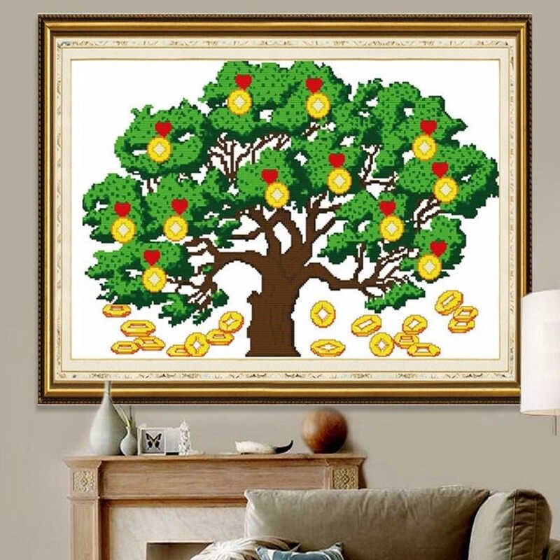 带框钻石画摇钱树贴钻十字绣客厅小幅招财树发财树富贵树财源滚滚