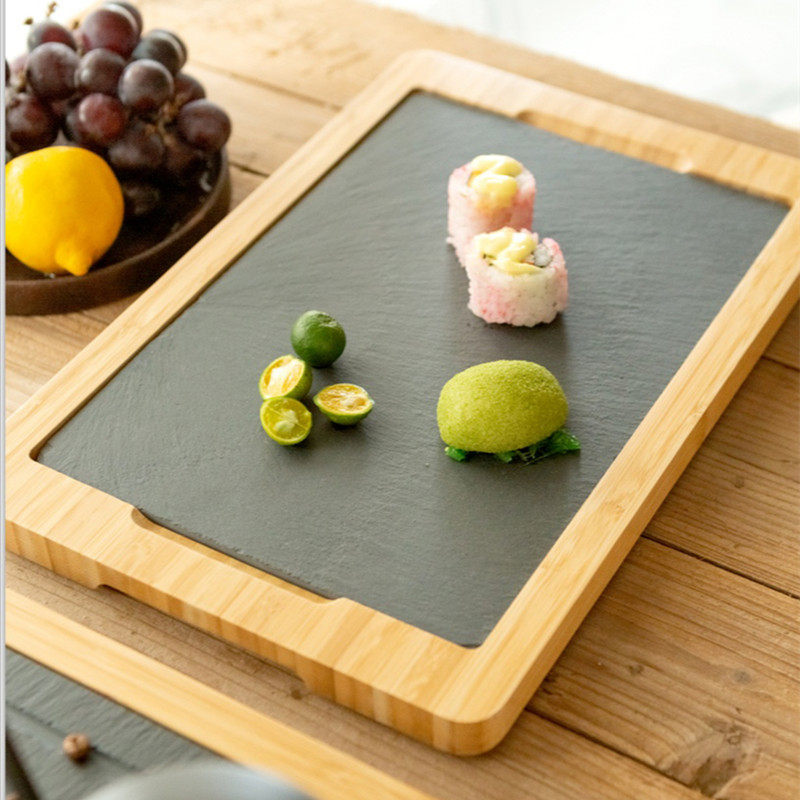 经典战斧石板西餐盘竹石套装比萨牛排咖啡面包板岩木板托盘牛扒盘