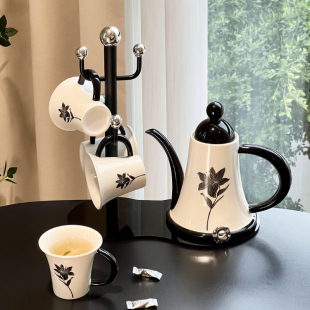 高级感轻奢百合花茶具家用客厅咖啡杯具 尊慕斯中古风陶瓷水具套装
