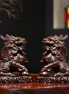 黑檀木雕麒麟一对质瑞兽家居客厅装饰红木工艺品