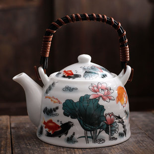 家用瓷壶 陶瓷大茶壶青花瓷餐厅水壶带过滤网泡茶具提梁壶单壶中式