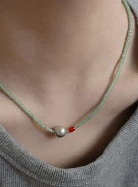 春夏嫩绿色串珠项链叠戴锁骨链女小众夏天新中式小清新森系颈链女