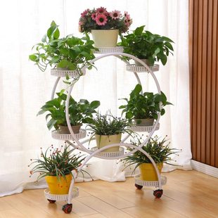 可移动室内花盆置物架 花架铁艺多层带轮绿萝花盆架客厅阳台落地式