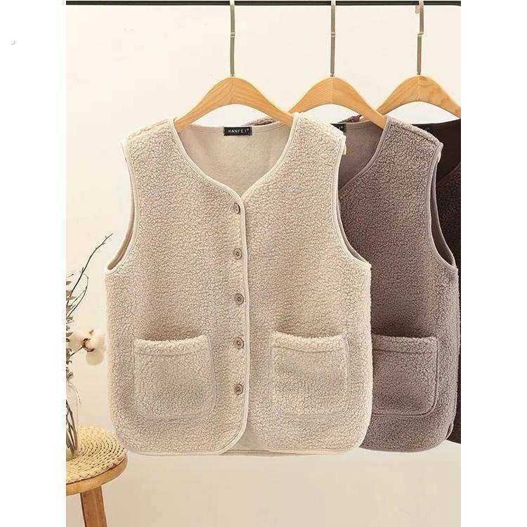 羊羔绒颗粒绒马甲加绒加厚保暖背心春季新款女士皮毛一体上衣外套