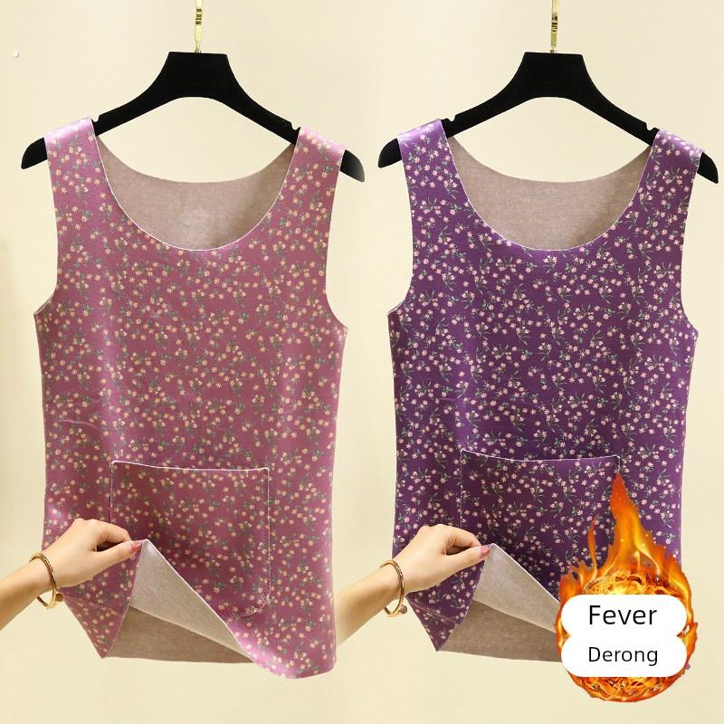 秋冬加大女士羊毛蚕丝印花保暖背心中老年人无痕妈妈德绒打底马甲