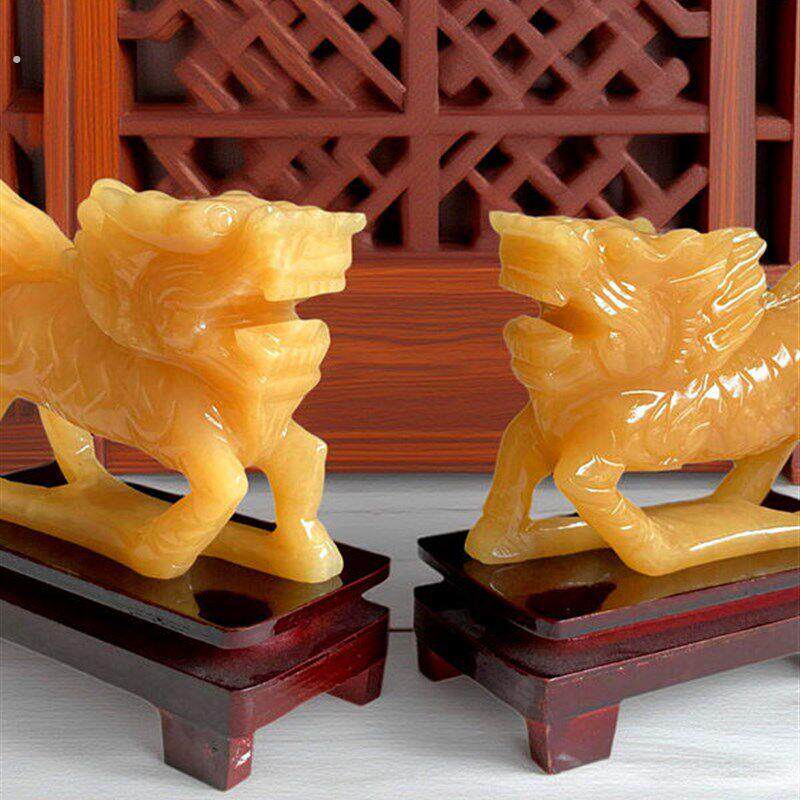 天然黄玉麒麟摆件一对玉石雕刻送子麒麟家居玄关店铺公司装饰祝福