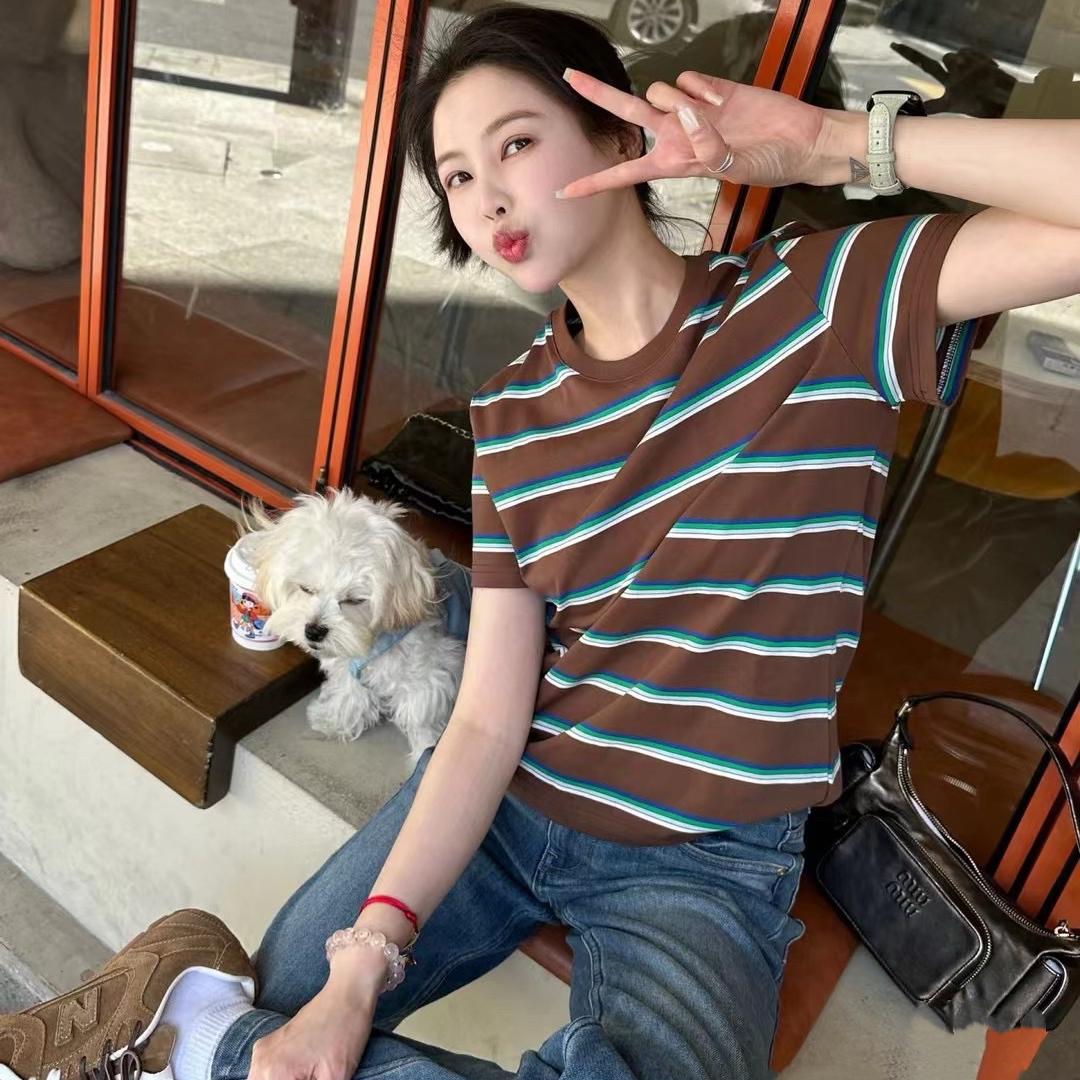 撞色条纹正肩短袖T恤夏