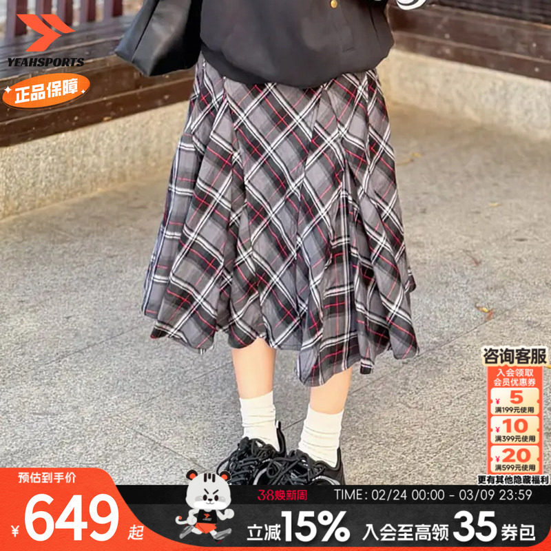 Adidas阿迪达斯三叶草裙子长裙春季新款格纹半身裙休闲温柔长裙