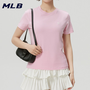 MLB官方正品短袖T恤上衣女26新款粉色圆领休闲透气半袖3FTSB506