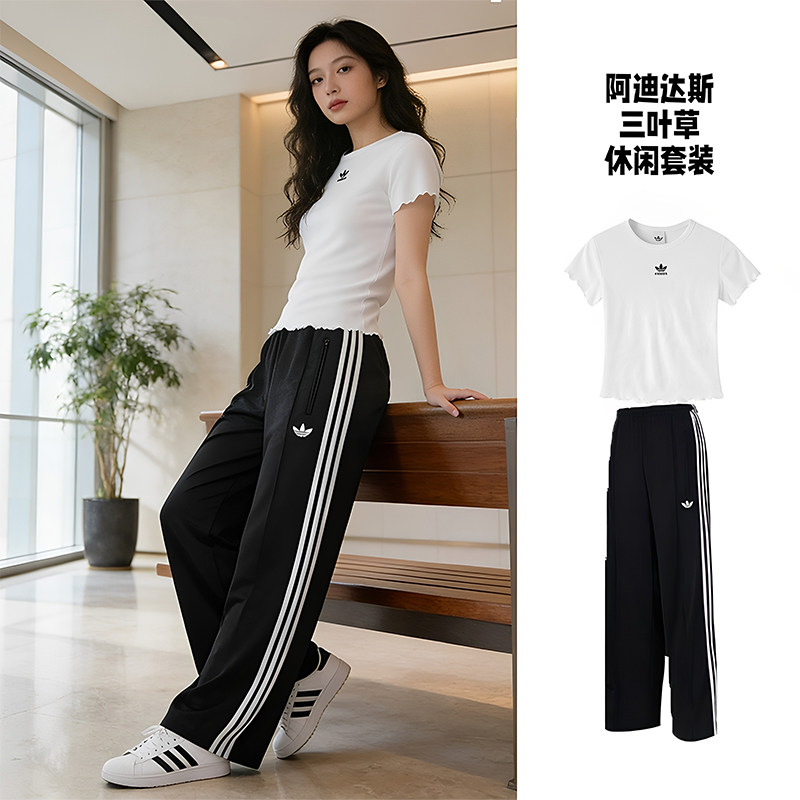 耶运动阿迪达斯adidas三叶草套装女装2026夏季新款短袖长裤两件套