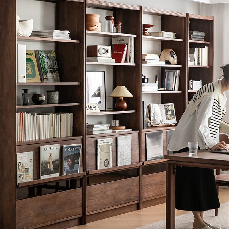 北美黑胡桃带门组合柜现代简约实木书柜黑落地现代简约书架