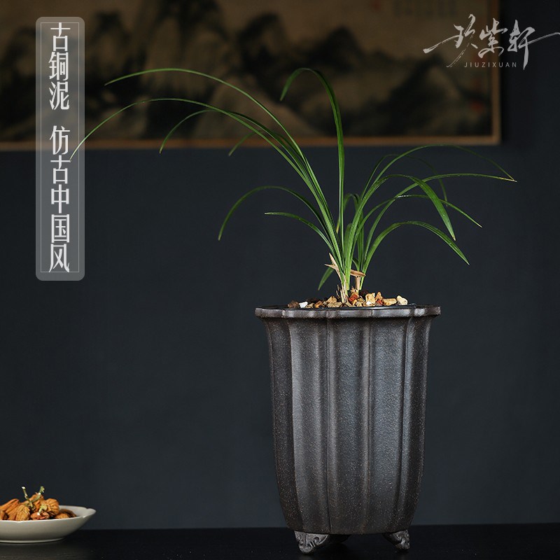 程良正精品紫砂兰花盆古铜泥筋纹蕙兰建兰绿植复古桌面阳台中国风