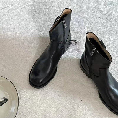 Zachpeng新款2025头层牛皮复古风做旧平底女鞋浅口女靴经典侧拉链