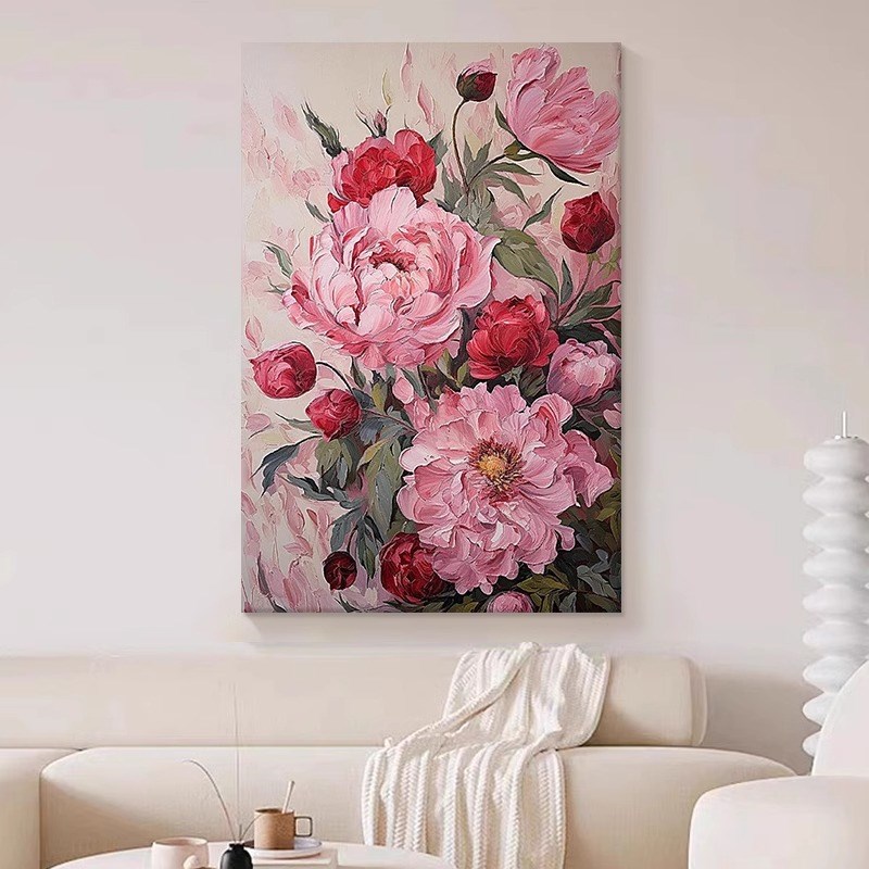 粉红色牡丹抽象纯手绘油画奶油风花卉玄关装饰画植物肌理客厅挂画图片