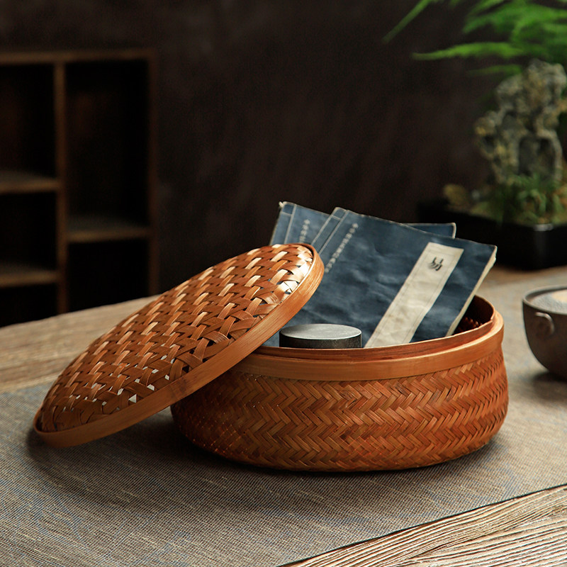 天然大漆手工竹编收纳盒带盖尘家用竹品桌面竹筐篮子储物茶具,特色手工艺,竹编/竹雕,淘宝优惠券,粉丝福利购,淘宝优惠卷