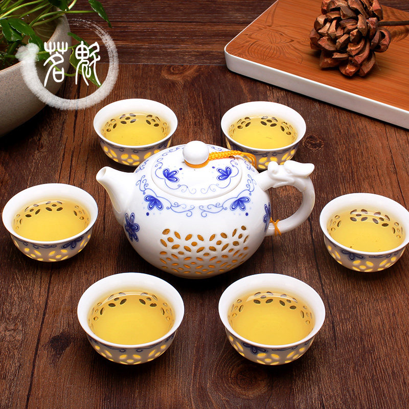 青花瓷玲珑茶具装蜂窝镂空陶瓷整功夫茶具茶壶茶杯盖碗茶洗