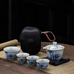 哥窑茶具快客杯一壶四杯复古便携式 旅行茶具户外露营简约陶瓷茶具