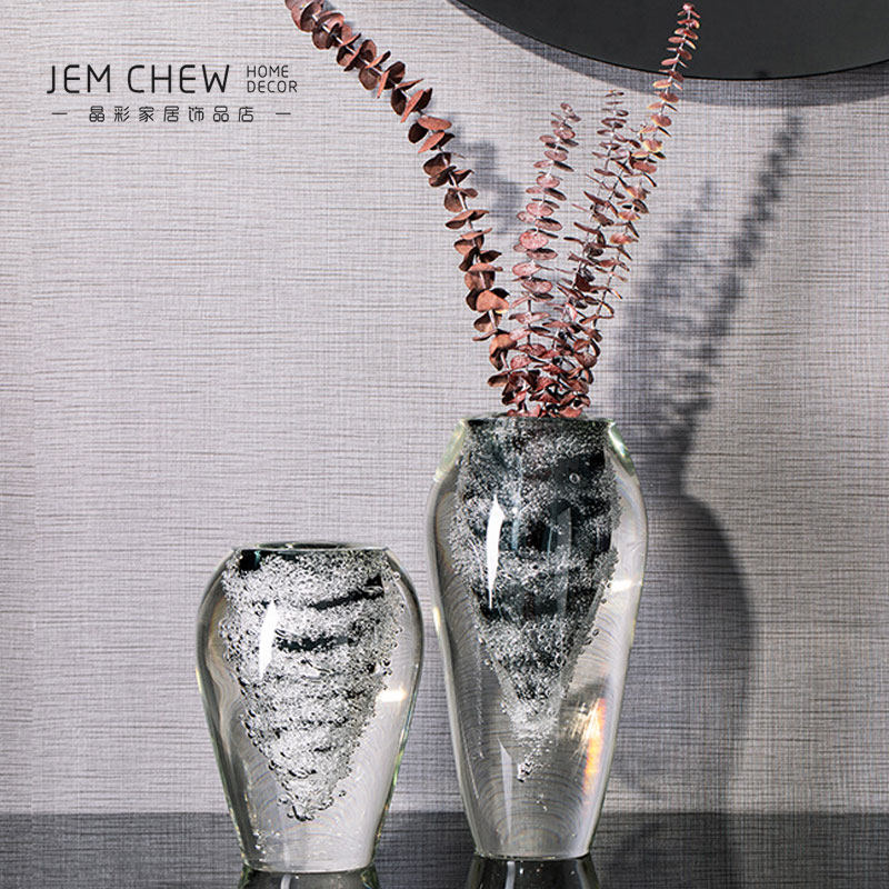 现代灰厚实水晶玻璃花瓶样板房酒店别墅厅玄关软装饰品
