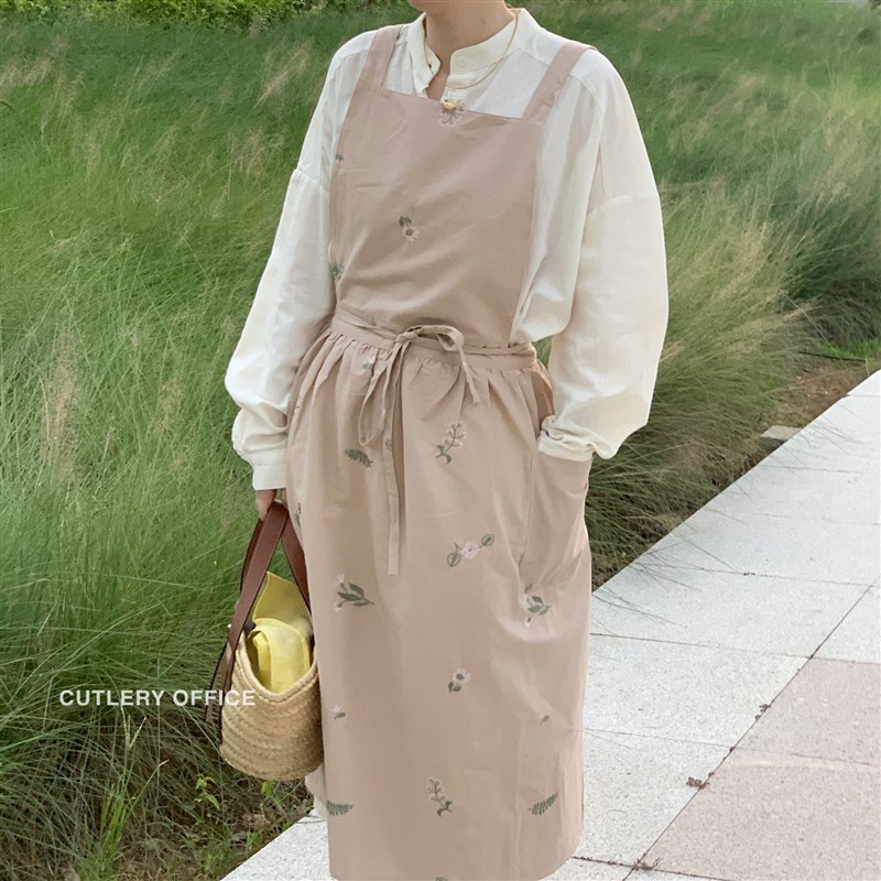 Cutlery  春季定制日韩式防水碎花围裙家用花店咖啡棉麻防油罩衫