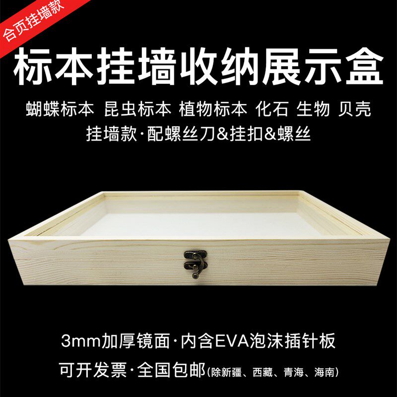昆虫标本盒小黑夹松木标本框玻璃蝴蝶存放盒示盒含针板可挂墙