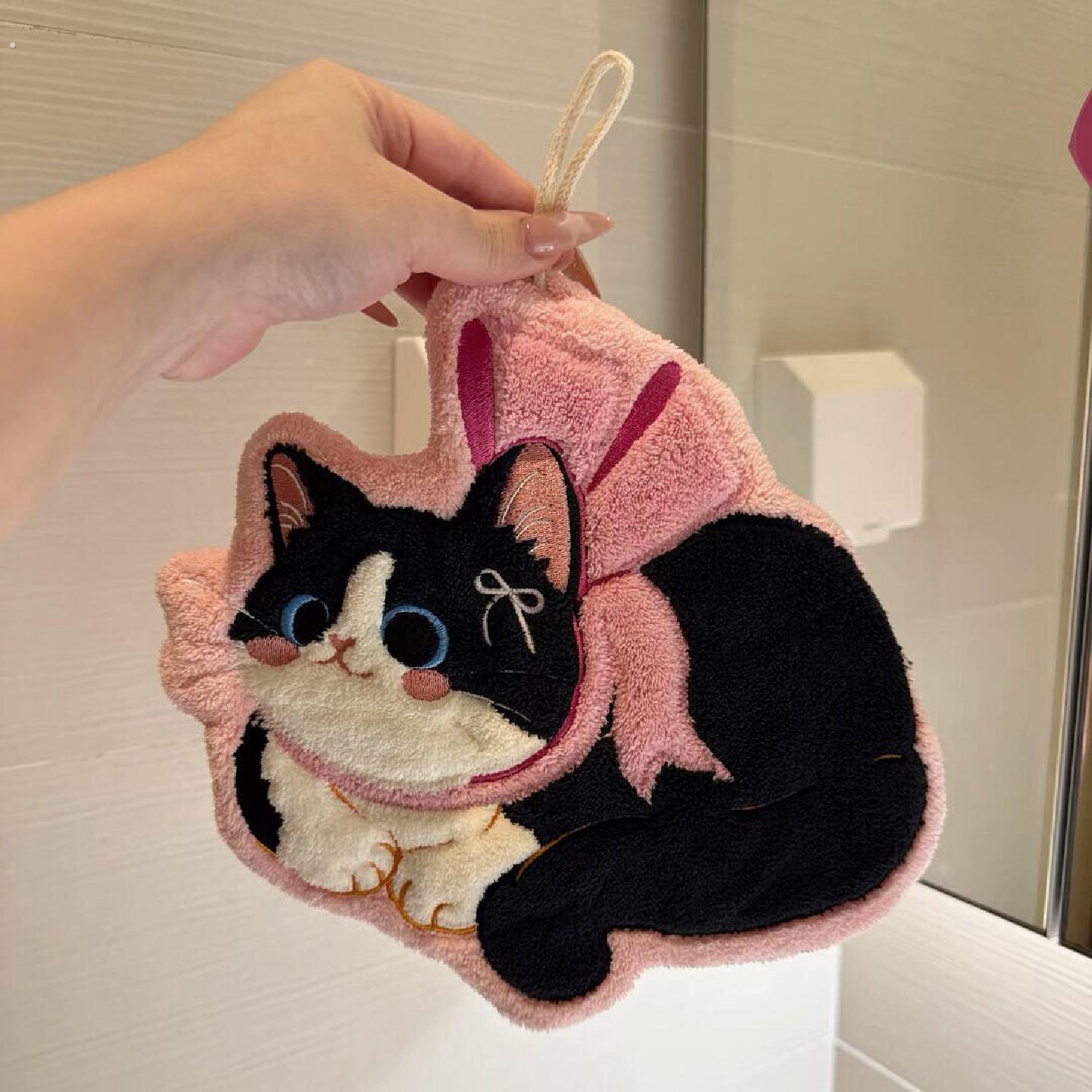 可爱猫咪擦手巾挂式超强吸水加厚厨房卫生间毛巾手帕珊瑚绒小方巾