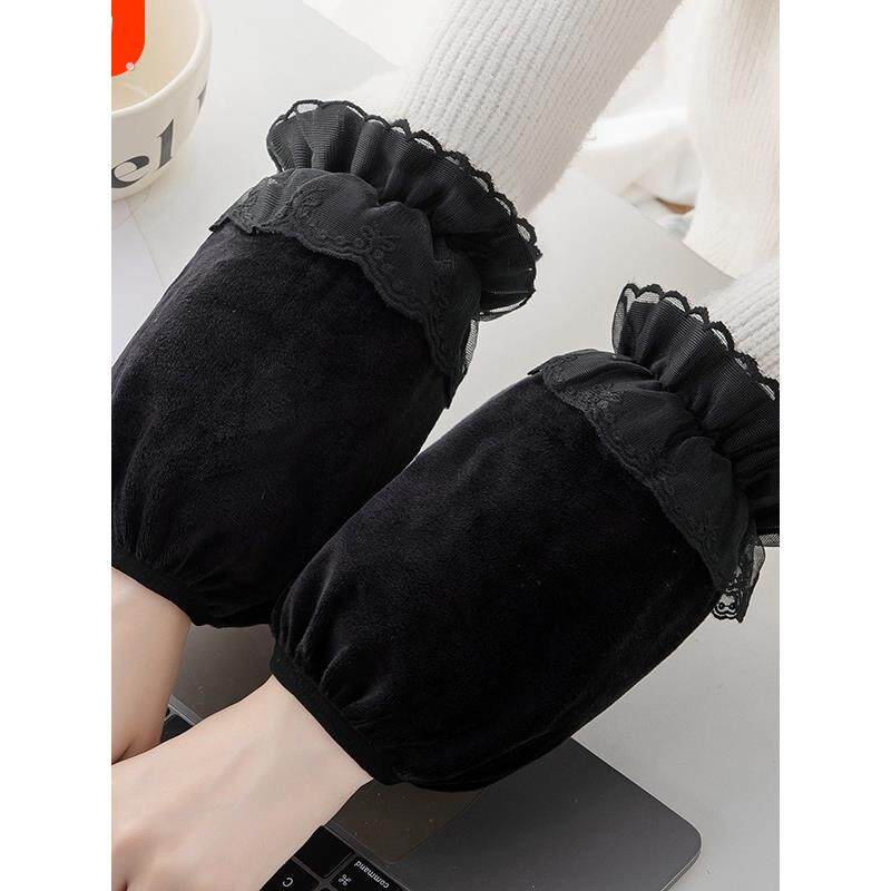 羽绒服秋冬绒布短款袖套可爱学生干活护袖头女黑色蕾丝简约袖套