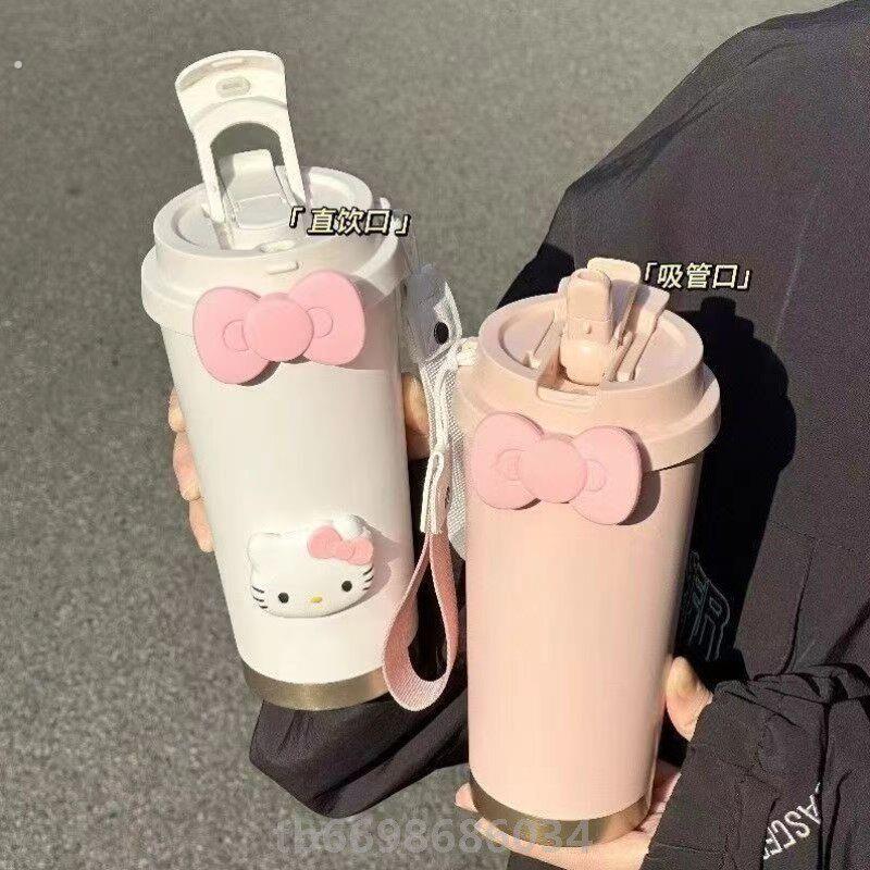 500毫升水杯线条猫咪水杯大容量保温杯吸管喝水运动车载可携式男