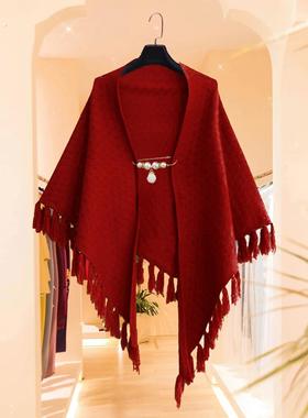 女装婚纱红色小披肩羊毛羊绒春秋三角围巾流苏式快乐婆婆婚礼女孩