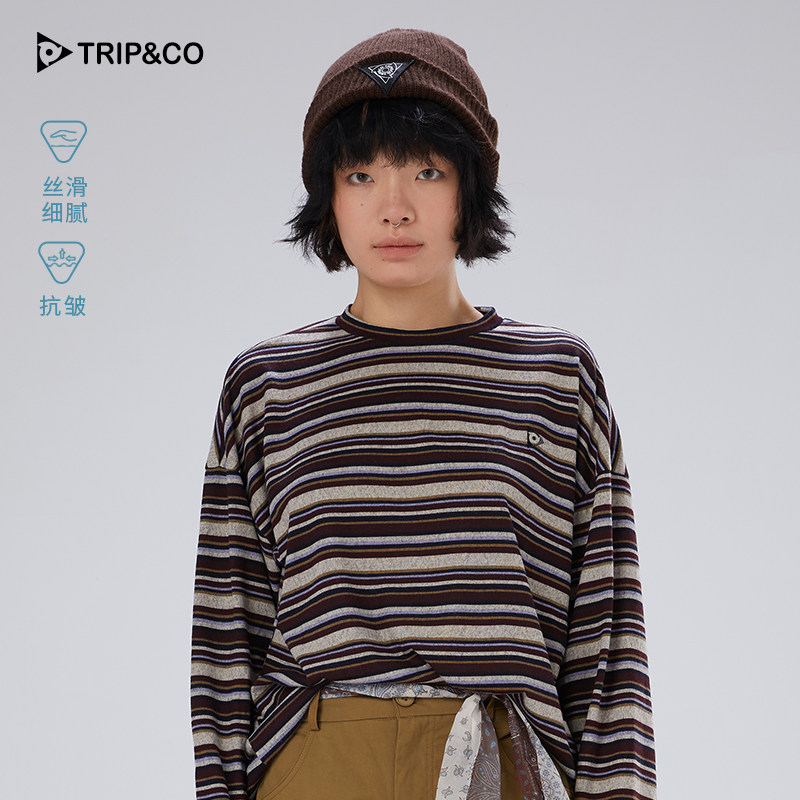 TRIP&CO秋冬新款男女同款户外宽松透气舒适通勤磨毛条纹长袖T恤