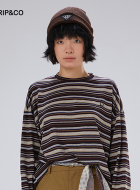 TRIP&CO秋冬新款男女同款户外宽松透气舒适通勤磨毛条纹长袖T恤