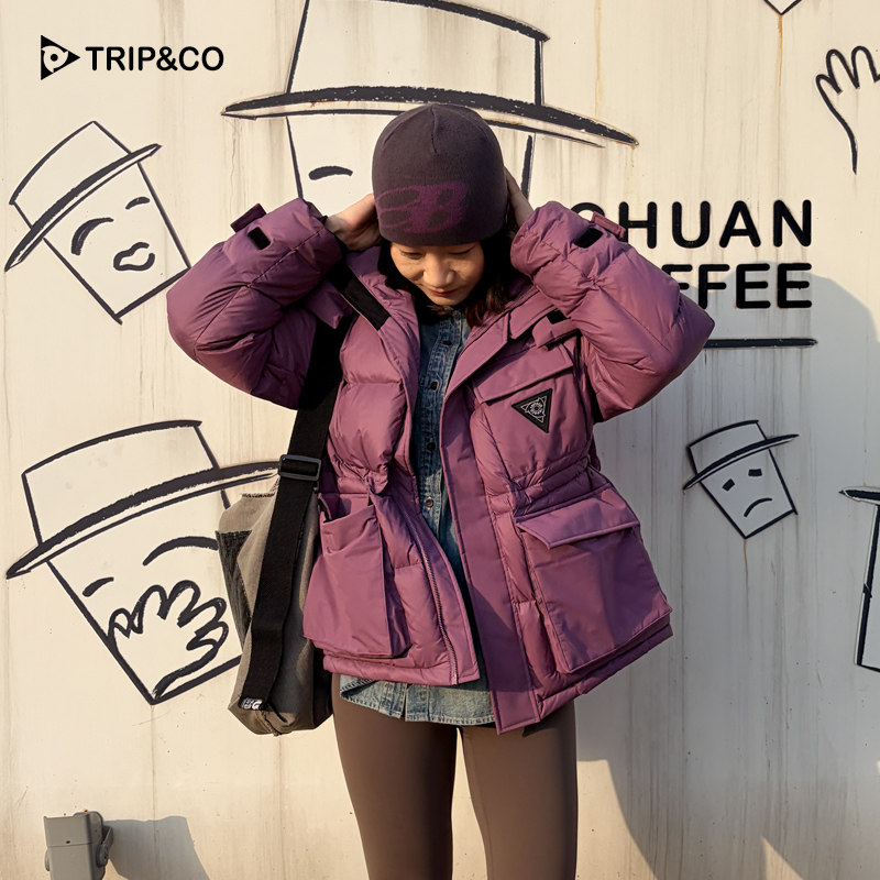 TRIP&CO秋冬新款女款短款收腰舒适透气保暖防风防水拼色羽绒服