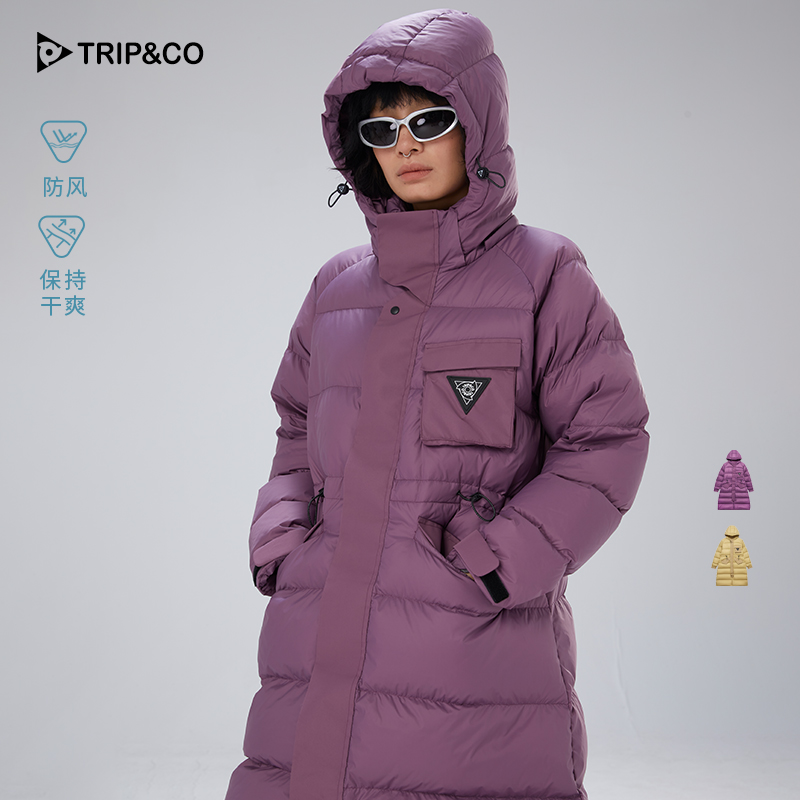 TRIP&CO2025新款女款户外潮流舒适宽松口袋连帽长款收腰羽绒服
