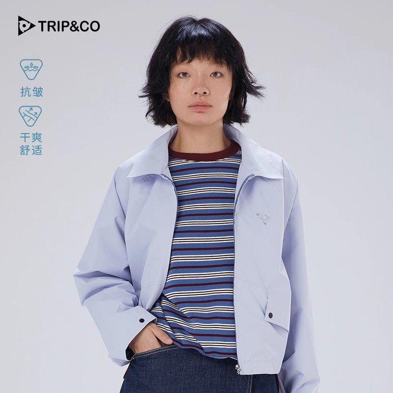 TRIP&CO2025新款女款经典翻领透气舒适通勤复古纯色短款夹克外套