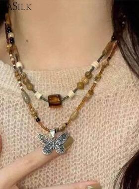 新中式复古串珠方块项链女小众高级设计感民族风叠戴蝴蝶吊坠锁骨