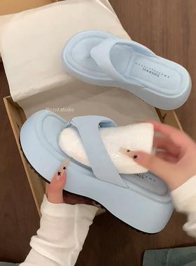 爆款网红蓝色复古厚底人字拖鞋女款夏外穿2025新款高级感软底凉拖