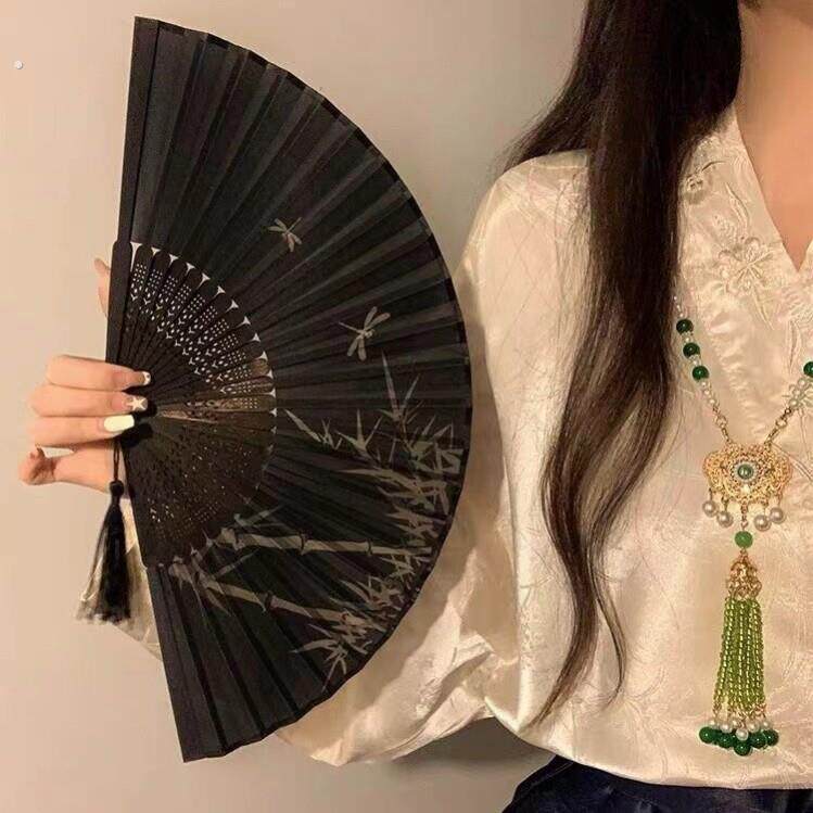 新中式黑色竹子折叠扇子古风旗袍汉服随身可携式国风舞蹈折扇女夏
