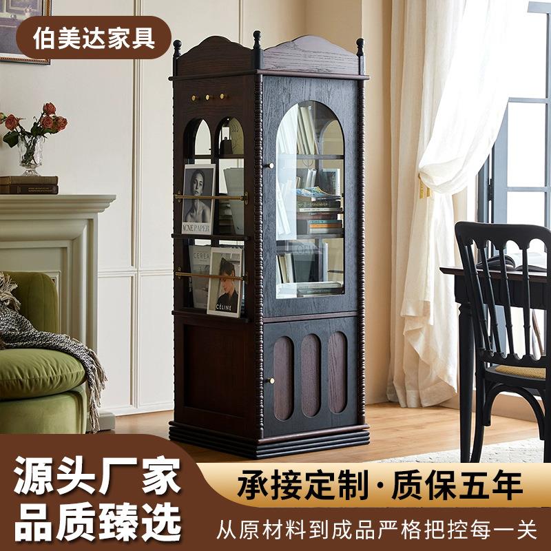 法式实木旋转书架 复古收纳柜儿童卧室绘本家储物立柜 转角展示柜