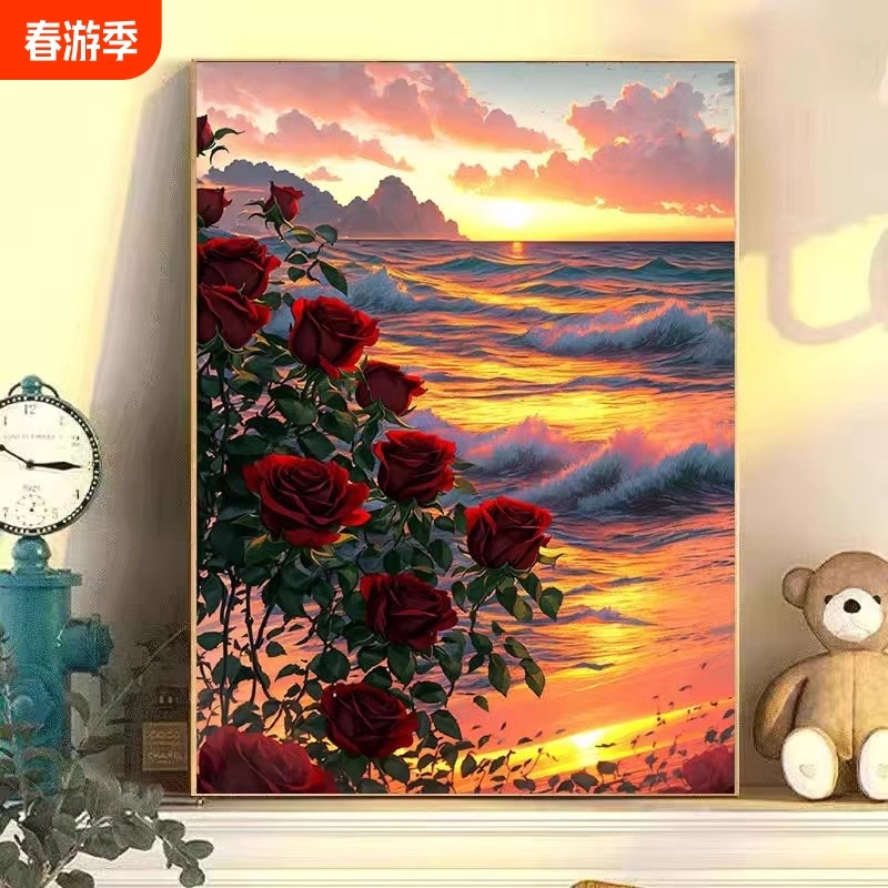 diy数字油画玫瑰花卉手工w填色治愈解压油彩客厅卧室装饰画儿童图片