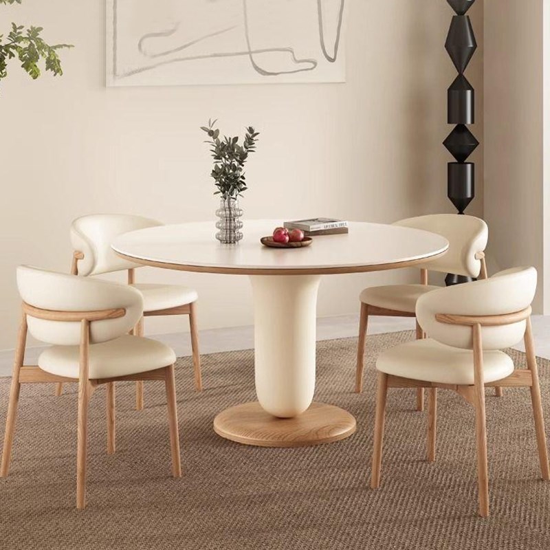 法式实木岩板餐桌椅组合家用小户型桌子日式原木圆形餐桌饭桌圆桌