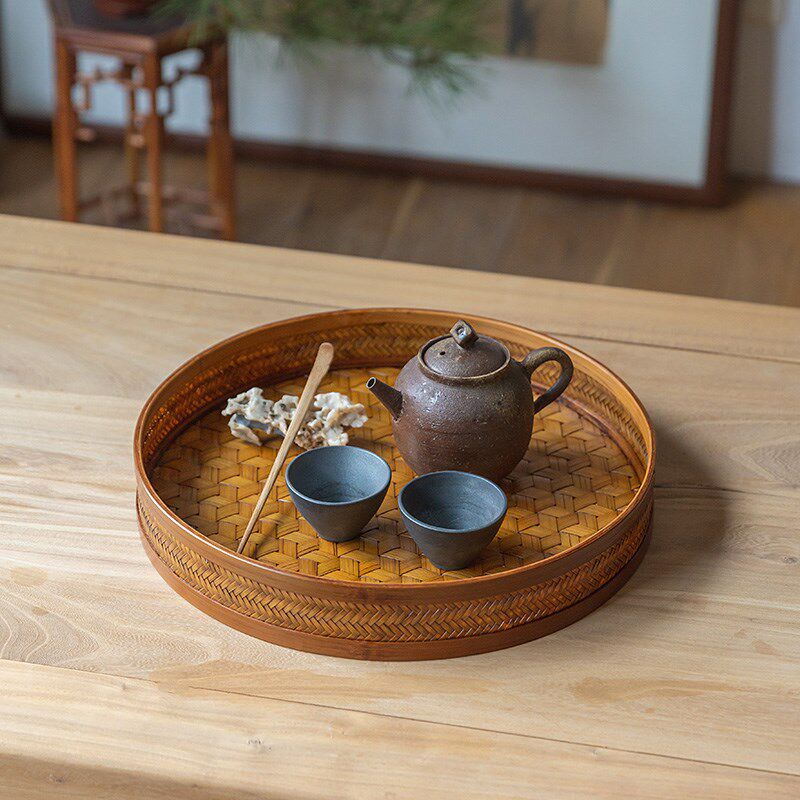 艳库/竹编茶盘中式大漆茶道圆托盘收纳茶托干泡台家用客厅水果盘