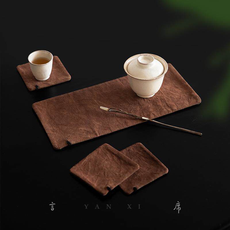 手工古法柿染茶席套组双面可用布艺茶垫禅意复古杯托布植物染手作