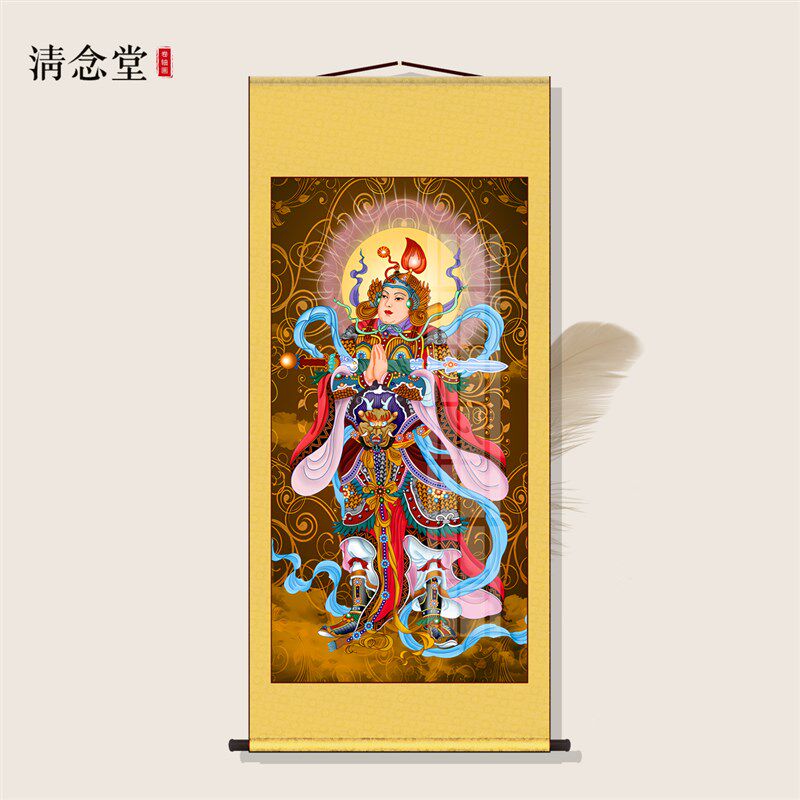韦陀天菩画像楼至佛丝绸挂画玄关书房走廊背景墙画