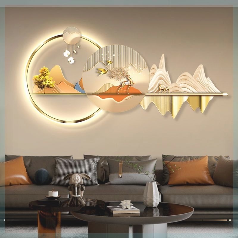 抖快现代轻奢客厅装饰画高级感led灯画背有靠山沙发背景墙壁画发