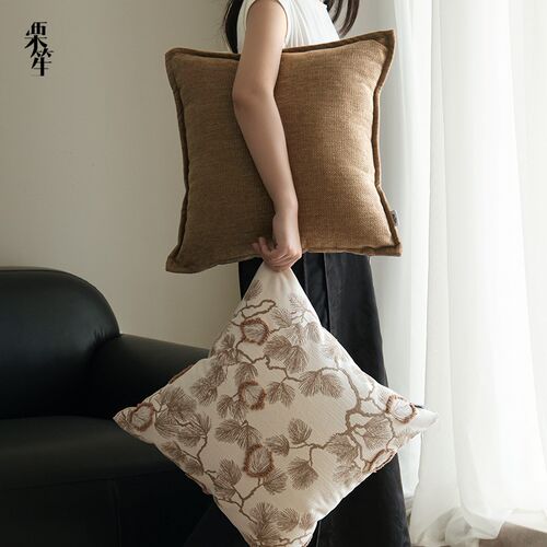 现代新中式中古抱枕浅棕色系提花靠枕轻复古床头靠垫