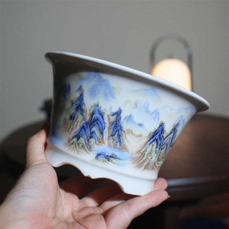 紫砂花盆星宇家精品釉盆盆景盆贴画彩绘手绘手工盆斗笠盆