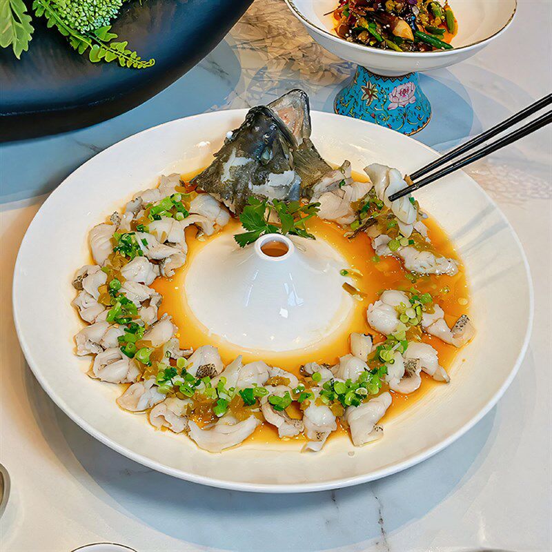 休闲农场餐具川菜蒸蜡烛保温鱼盘圆形中式土菜馆特色白瓷盘