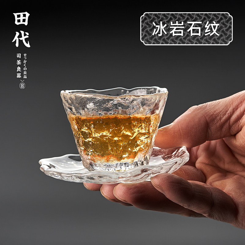 日式杯托玻璃品茶杯 冰纹耐热手工杯功夫茶具品茗杯